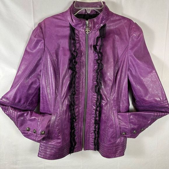 Royal Underground Jackets & Blazers - Royal Underground Leather Jacket Zip Sheer Black Ruffles Ornate Buttons Purple L